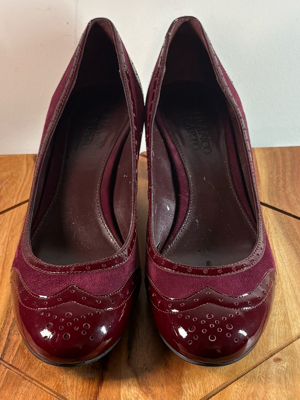 Franco Sarto Burgundy Patent and Suede Brogue Pumps
